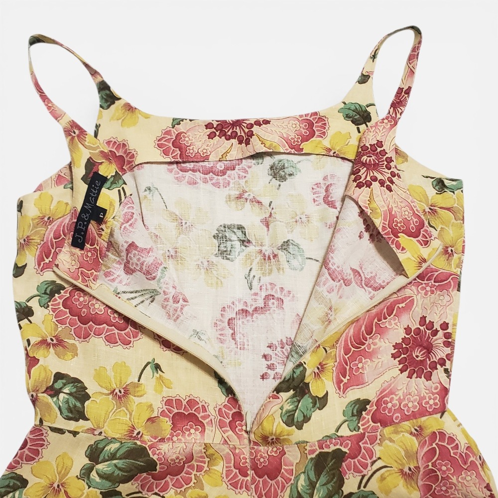 VTG J.P. & Mattie 100% Linen Yellow Floral Fit & Flare Dress Petite 90s Retro - Picture 4 of 11